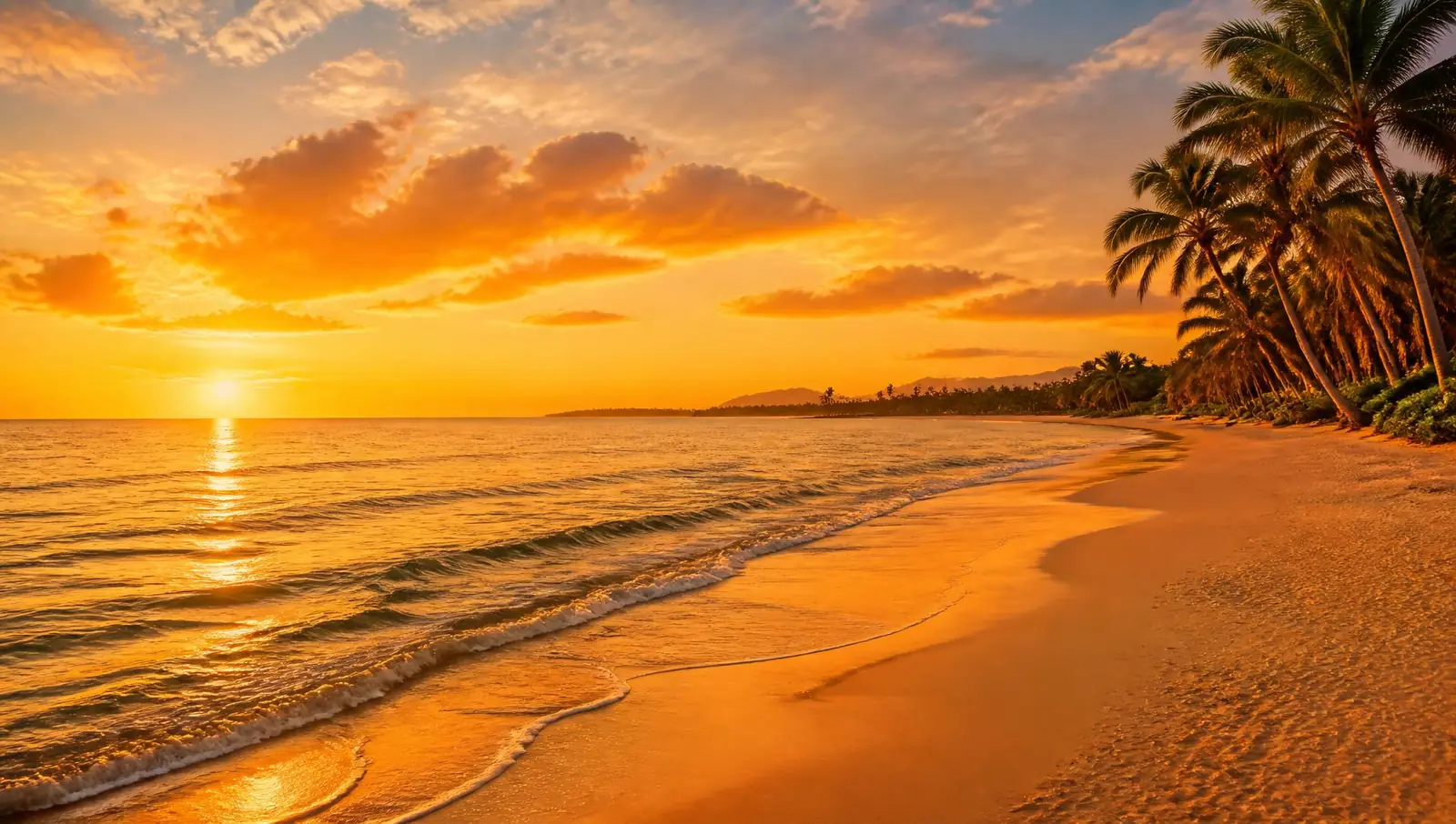 Praia tropical ao pôr do sol