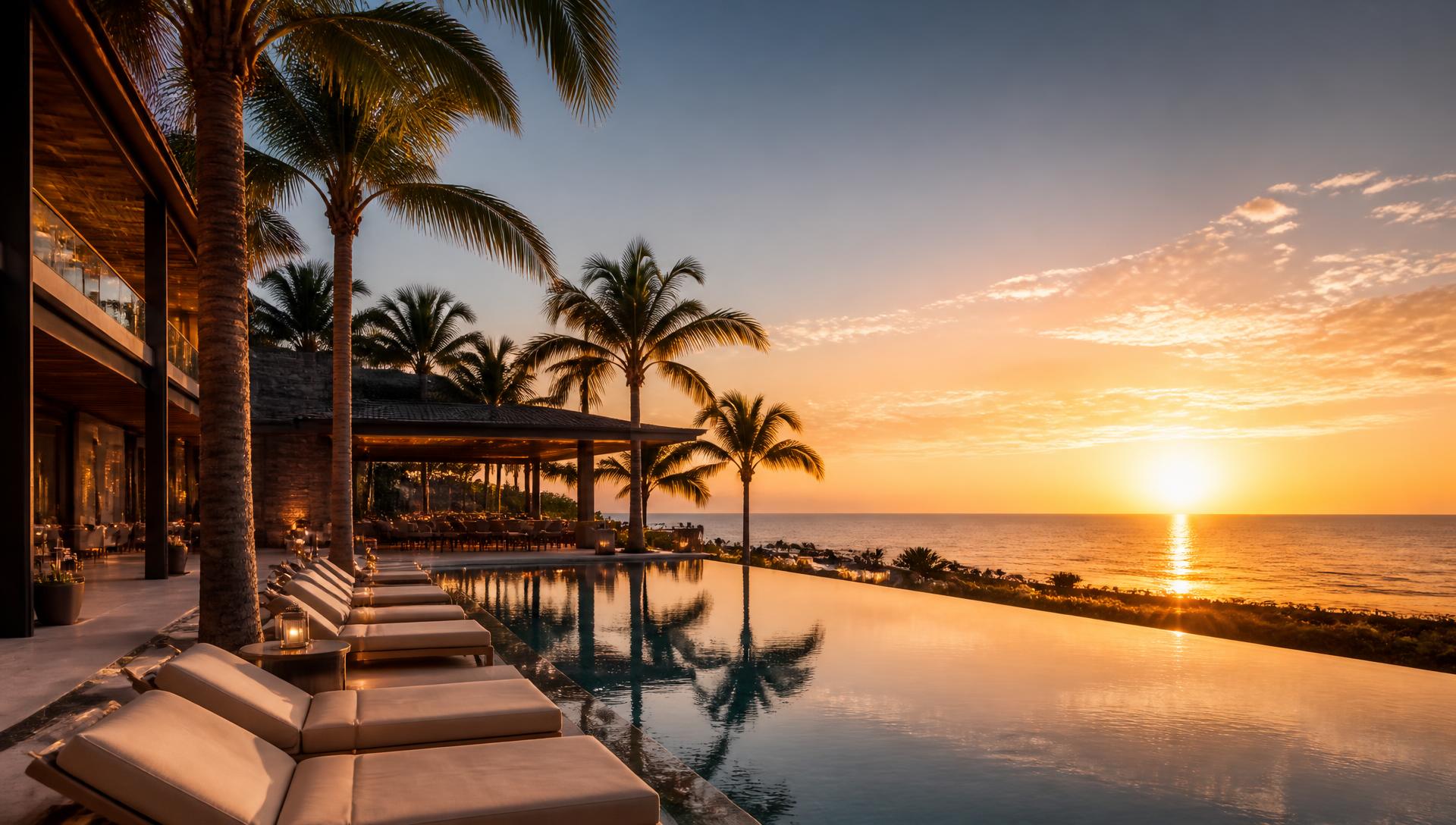 Piscina de borda infinita em resort premium ao pôr do sol